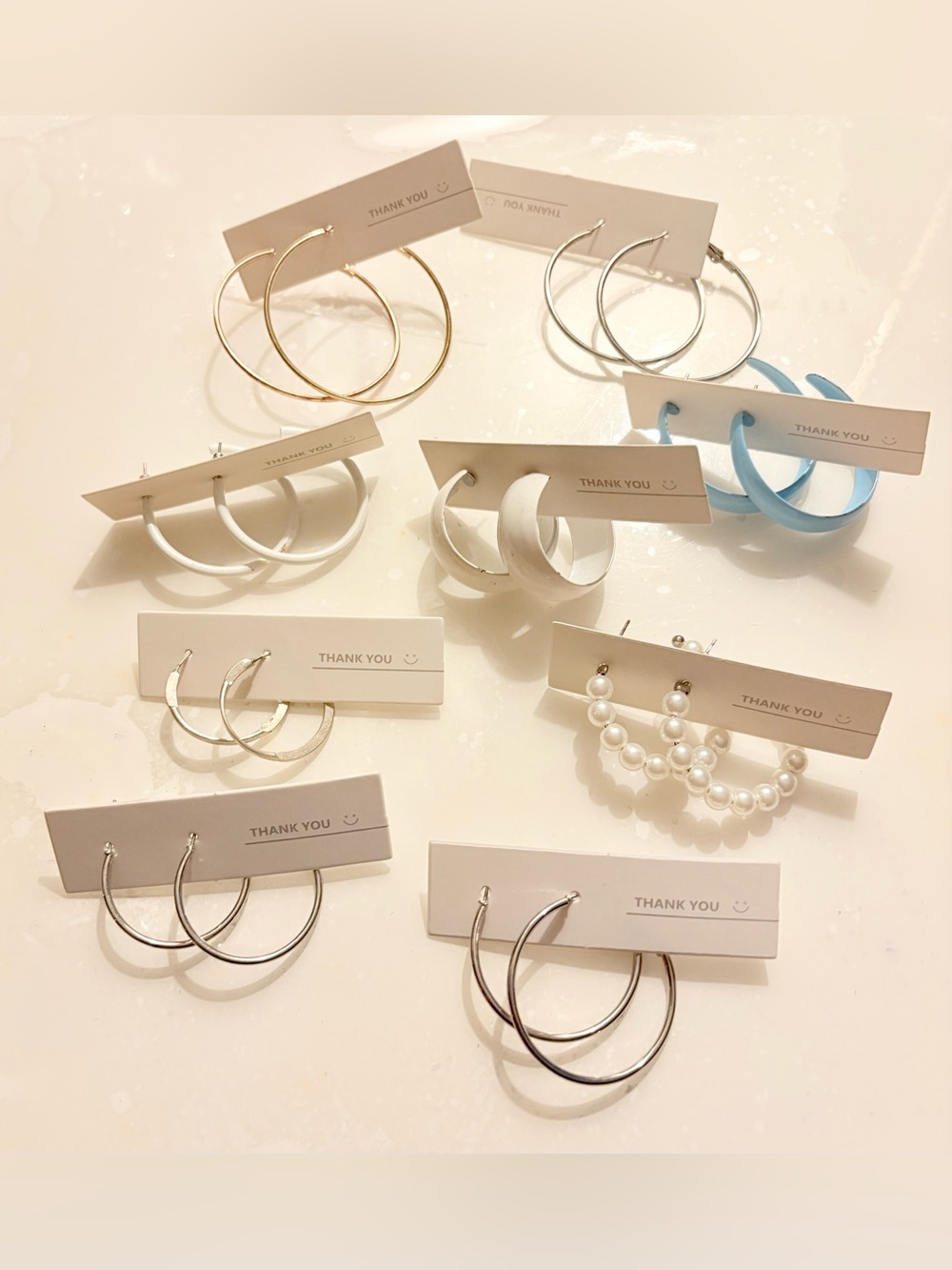 Set of 9 Pairs Minimal Hoop Earrings - Silver, Gold, White, Blue, Pearl Options